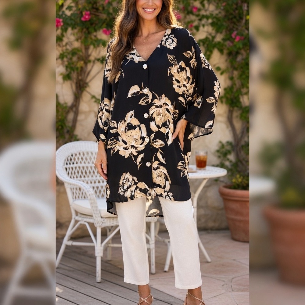Cato Floral Black and Tan Women's Top - Picture 2 of 7